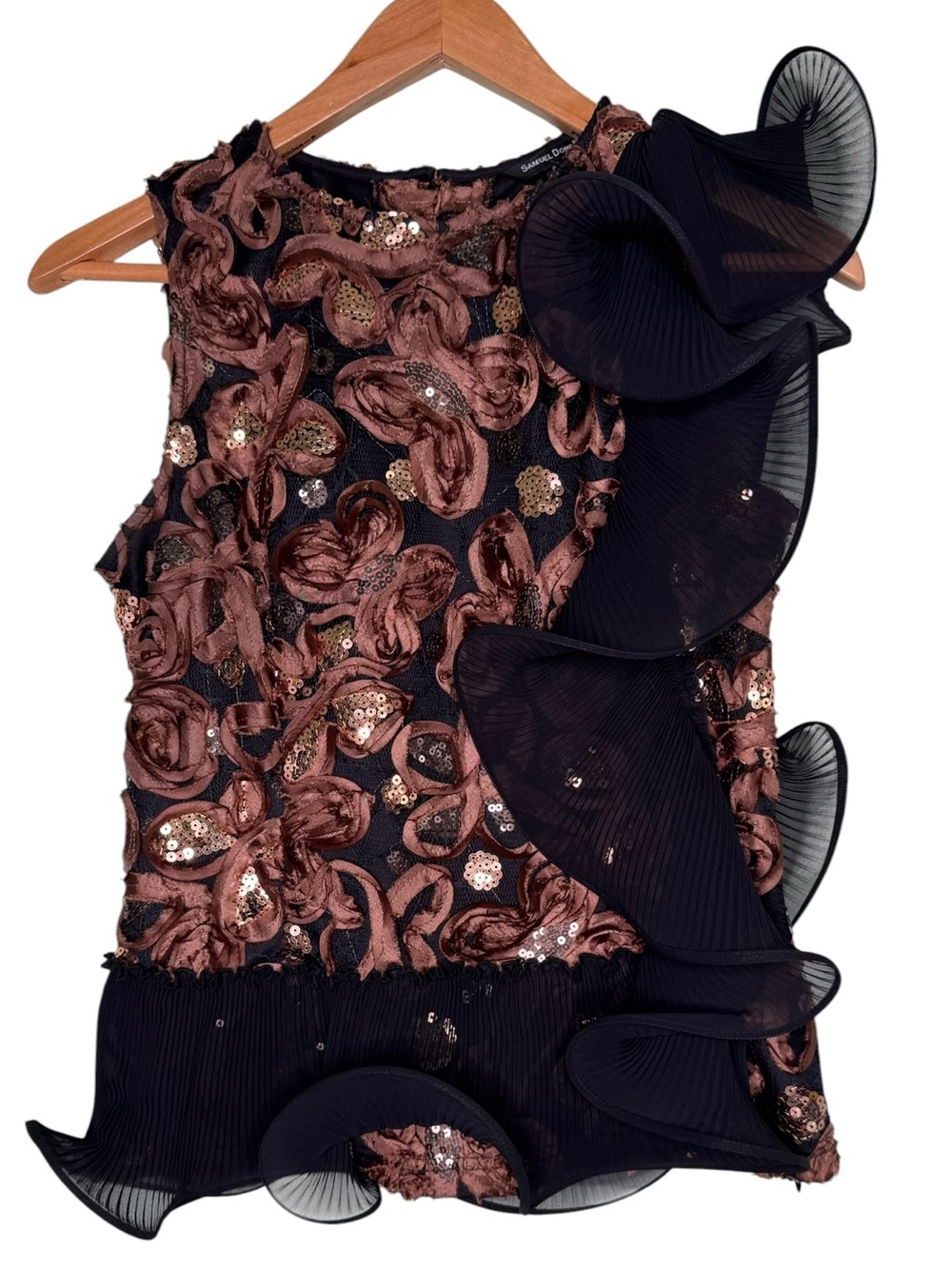 SAMUEL DONG Black Gold Avant-Garde 3D Rosette Pleated Ruffle Sequin Top S